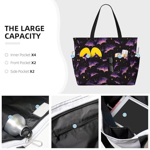 Large Beach Bags for Women Sandproof - Purple Star Bat Print Summer Travel Work Tote Bags with Zipper3