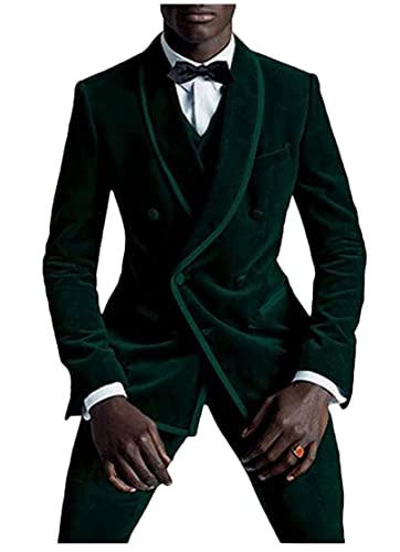 Men's Double Breasted Green Velvet Wedding Suits Shawl Lapel Groom Tuxedos 2 PC Prom Suits3