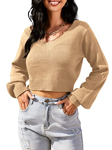 Image of ZAFUL Women's Cropped Sweater V-Neck Long Sleeve Pullover Jumper Knit Top | Crop Length, Ribbed Knit, Double V design, White sweater, Raglan sleeves, lantern sleeve, Fall & Winter, Loose fit, Oversized