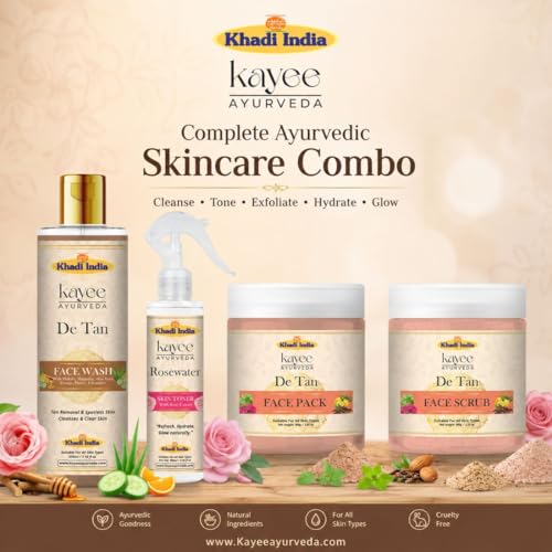 Image of Khadi Kayee Ayurveda Skin Brightening Detan Kit with Face Wash, Scrub, Face Pack & Rose Toner for Tan Removal, Oil Control and Daily Glow Care - Pack of 4
