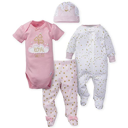 Gerber Baby Girls 4-Piece Sleep 'N Play, Onesies, Pant and Cap, Princess Arrival, 3-6 Months