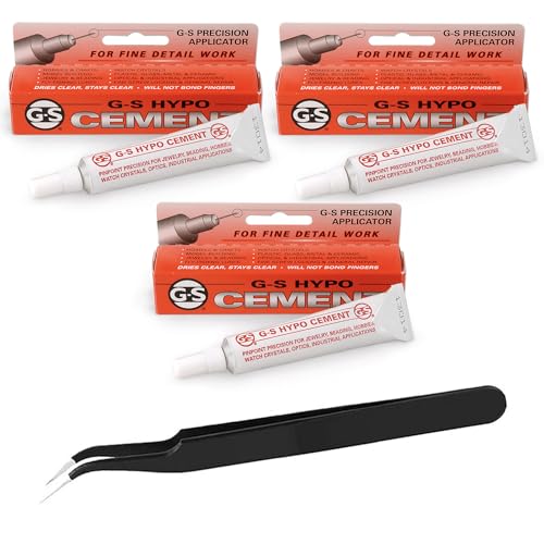GS Hypo Cement Glue 3-Pack (9ml) with Precision Tweezers for Jewelry Making, Bead Stringing, Crafts, Watch Repair, and Model Building – Fine Tip Adhesive for Precise Application