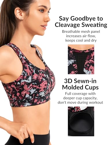 Image of Yvette Women High Impact Sports Bras Criss Cross Back Sexy Running Bra for Plus Size, Red Printed, 2XL(DF)