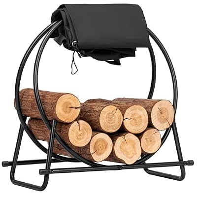 VIVOHOME 28 Inches Firewood Log Rack Hoop with Cover, Heavy Duty Solid Steel Fire Wood Storage Rack and Cover Set with Zipper, Round Log Holder Ring for Indoor Outdoor Patio Deck Porch