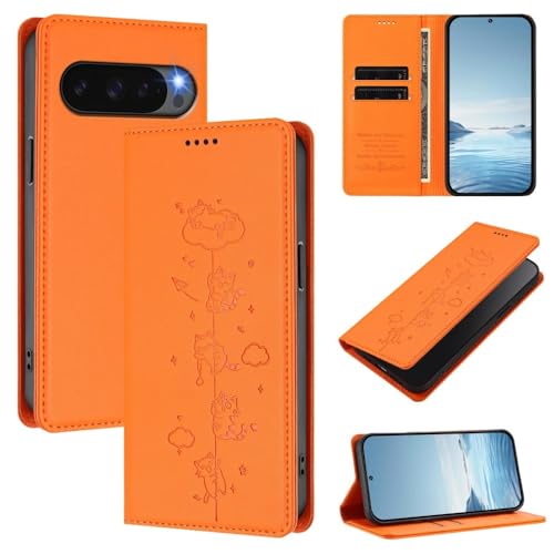 Housse Pixel 4A 5G en cuir orange avec rabat magnétique et finitions chat élégant