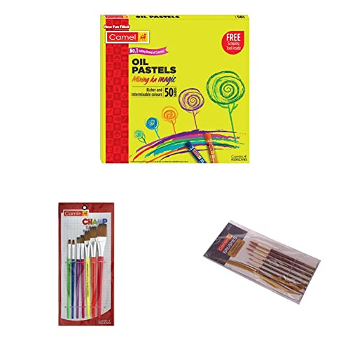 Image of Camel Oil Pastel (50 Shades) & Camlin Champ Flast Brush Set - Pack of 7 Paint Brush Series 66 - Round Synthetic Gold, Set of 7