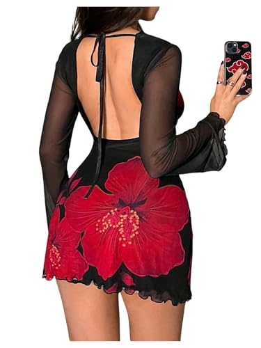 Image of MakeMeChic Women's Floral Print Long Sleeve Mini Dress Mesh Backless Y2k Going Out Dresses