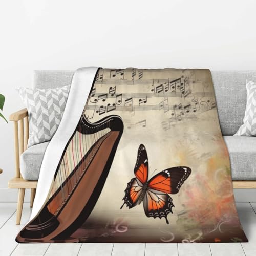 Couverture polaire douce avec harpe et papillon pour s'endormir apaisé