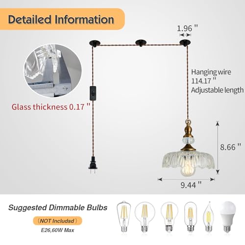 Image of CVKASH Plug in Glass Pendant Light Fixture Brass Vintage Adjustable Chandelier Brushed Gold Hanging Ceiling Light for Farmhouse Hallway Bedroom Foyer Kitcken Dining Room Island