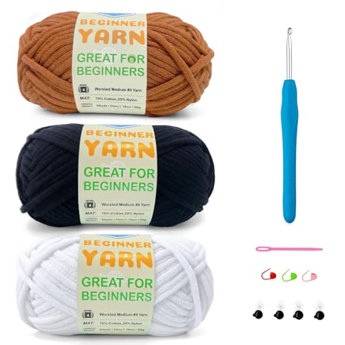 Image of 3 * 50g /1.76oz Yarn for Crocheting and Knitting, 3 * 60yds Beginner Yarn with Easy-to-See Stitches; Worsted-Weight Medium #4;Amigurumi-Friendly Crochet Kit(Coffee+Black+White)