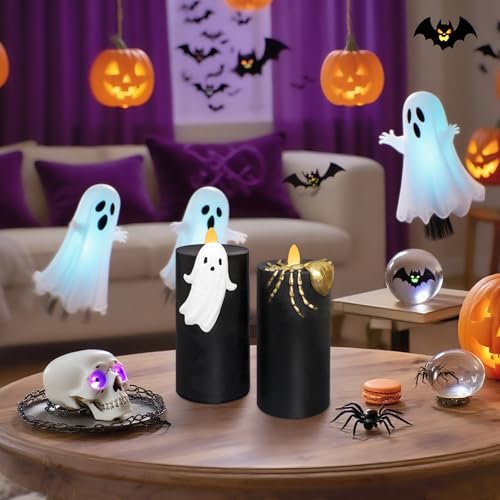 Image of Halloween Flameless Candles with Remote & Timer, Real Wax Hand-Carved Painted Ghost Spider LED Candles for Home Party Haunted House Horror Theme Halloween Decor, 3 inch x 7 inch Set of 2