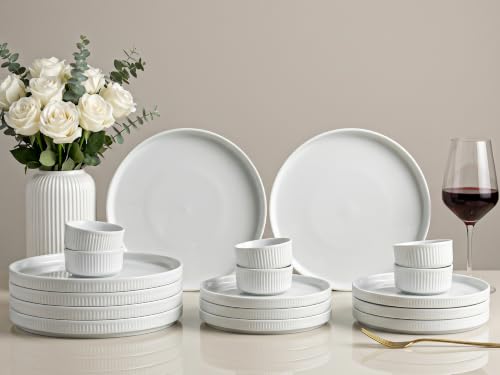 Image of Bodhi House 18 Piece Porcelain Dinner Set for 6, White Dinnerware Set with 6 Dinner Plates, 6 Quarter Plates & 6 Katori, Microwave & Dishwasher Safe, Chip Resistant Crockery Set for Home, Gift