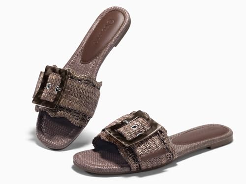 Image of Coutgo Womens Flat Sandals Raffia Slip On Slide Sandal Square Open Toe Buckle Summer Beach Shoes Flats
