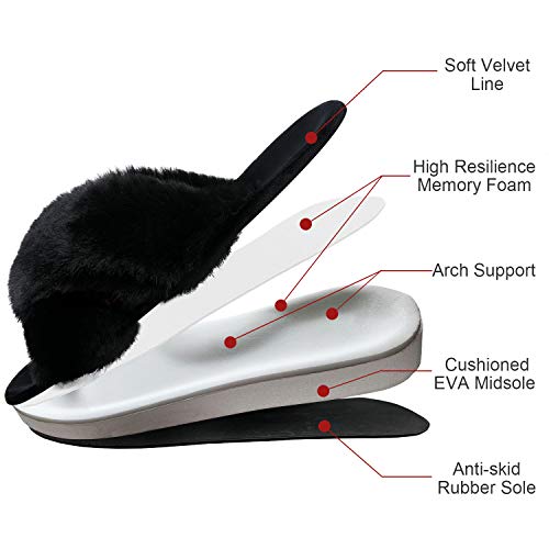 Shevalues Fuzzy House Slippers For Women Cross Band Fluffy Bedroom Slippers With Arch Support, Black 9.5-10 #TOP4
