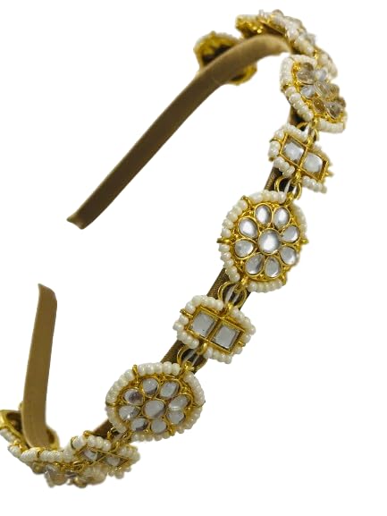 SattyakiHair Jewellery Hair Jewellery Gold Plated Many Style Hair Bands Kundan Multi Stone hairband for womens and girls (Sattyaki 7 Flower Kundan Hair Band)