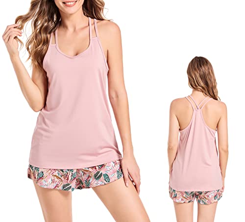 Image of CHUNG Women Camisole Top Shorts Bottom Pajamas Set Loungewear Sleepwear Tank Cross Back Fitness Fashion