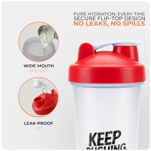Roe Tenpo Protein Shaker Bottle 600ml, BPA-Free, Wide Mouth Protein Shake Bottle with Wire Mixing Ball, Leakproof & Dishwasher Safe Gym Shaker for Gym, Pre-Workout & Fitness (White & Red) - Image 4