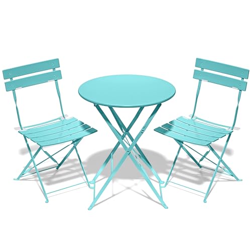 Folding Bistro Table and Chairs Set of 2, Balcony Furniture, Outdoor Garden Bistro Set for 2, Small Garden Furniture Set 3 Piece, Turquoise