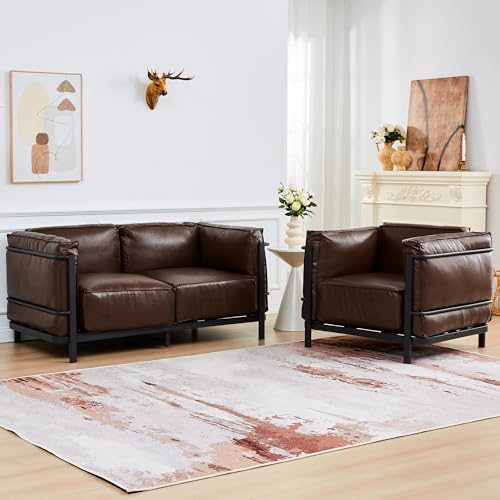Image of 2 Piece Living Room Sofa set, Mid-Century Modern Upholstered Couch Chair Faux Leather Sofa Couch with Iron Frame and Upholstered Armrest Backrest Cushion for Living Room, Office, Apartment (Brown)