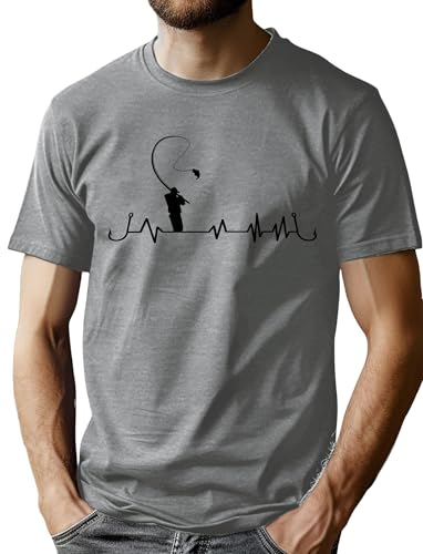 VVNTY Vissen T-shirt voor heren, hartslag, grappig, vissers, print, korte mouwen, tops, lichtgrijs1, XL