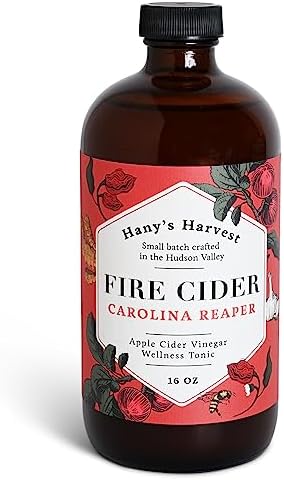 Hany's Harvest Carolina Reaper Fire Cider, 16 oz Glass Bottle, All Natural Apple Cider Vinegar Wellness Tonic, Gluten-Free, Small-Batch, Handcrafted