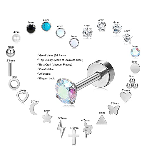 24 Pairs Flat Back Earrings Hypoallergenic Surgical Stainless Steel Earrings Set Small Gold Plated Flat Back Stud Earrings for Women Men Tiny Cartilage Helix Screw Back Flatback Earrings Studs3