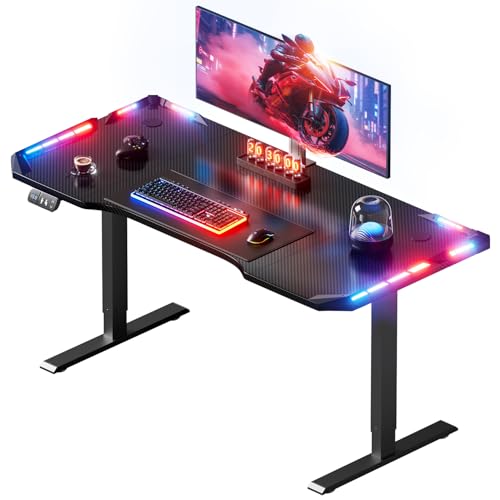 HLONONE Höhenverstellbarer Schreibtisch 140 x 60 cm, Gaming Tisch mit LED, Elektrischer Schreibtisch, Steh-Sitz Tisch mit Kohlefaseroberfläche, Elektrisch Computertisch mit Funktions-Memory, Schwarz