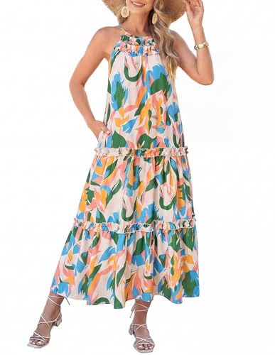 Image of GRACE KARIN 2026 Women's Floral Halter Maxi Dress Boho Summer Beach Sundress with Tiered Ruffle Skirt