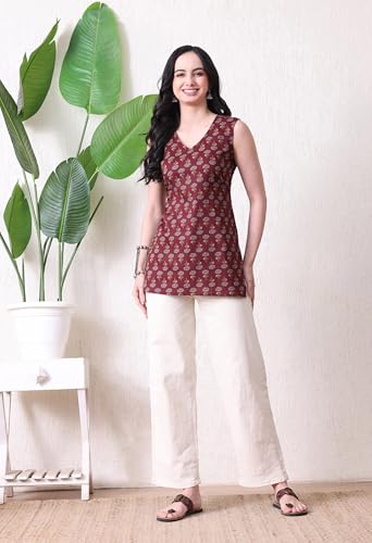 Image of MEERA FAB Women's Floral Printed Cotton Short Top | Floral Booti Printed Top Cut Sleeves | Short Kurti for Women