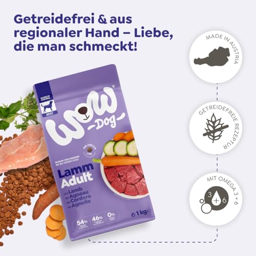WOW Dog Hunde Trockenfutter Minis mit Lamm | für ausgewachsene Hunde, 32% Fleischanteil, getreidefrei | 1 kg / 3er Pack