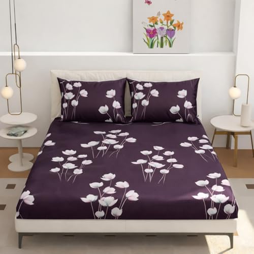 Image of Elastic Fitted King Size Bedsheet Cotton for Double Bed | 72 inchx78 inch +10 Inch, Floral, Soft & Breathable, Fade & Shrink Resistant, 2 Pillow Covers | Plum Tulip Glow, Plum Purple