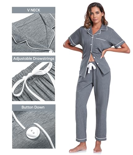 Image of CF Womens 100% Cotton Pajamas Set Button Down Pjs Sets Short Sleeve Top & Long Pants Sleepwear Comfy Loungewear with Pockets