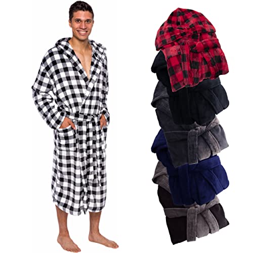 Ross Michaels Mens Robe Buffalo Plaid Hooded Robe - Mid-Length Plush Fleece Bathrobe (White/Black, 3X-Large)