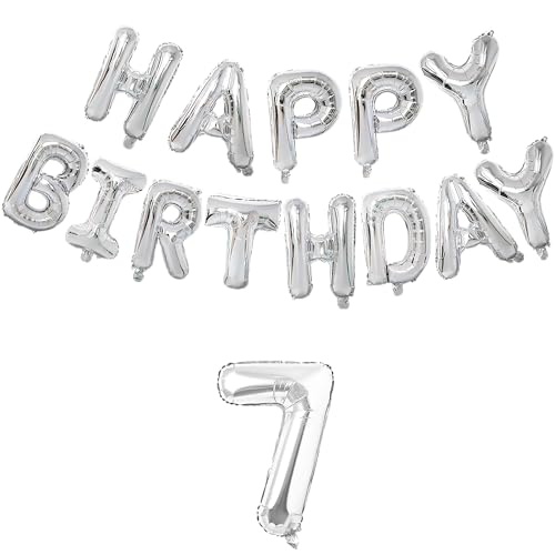 Image of Flyloons 7th Silver Colour Happy Birthday Foil Balloon Set For 7 Year Old Boys Girls Kids | With Number Seven | 13 Letters Reusable Happy Birthday Metallic Foil Balloons Decoration Kit, 14 Pcs