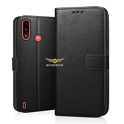 Image of SHINESTAR Moto E7 Power Flip Back Cover | PU Leather Flip Cover Wallet Case with TPU Silicone Back Case Cover for Motorola Moto E7 Power - (Classy Black)