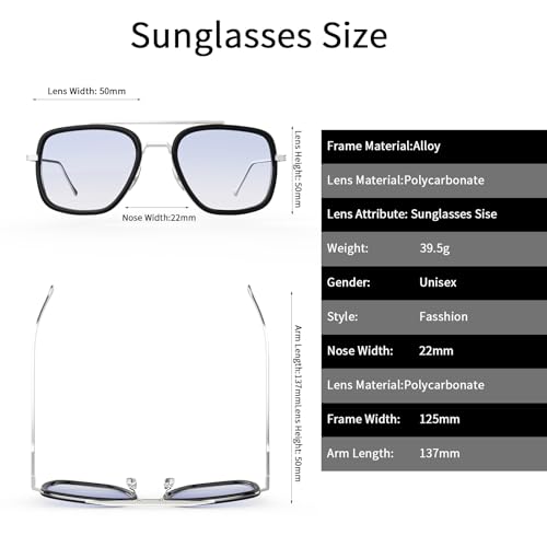 Image of Polarized Sunglasses for Men Women Vintage UV400 Classic Iron-Inspired Hero Style Pilot Sunglasses Fashion Square Metal Frame (Silver Frame /Blue Lens)