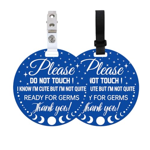 Image of 2 Pack Blue Moon and Star No Touching Signs Stop No Touching Safety Sign for Family PVC Seat Signs-Stroller Tag with Hanging Strap and Clip for Car Accessories 5 Inches