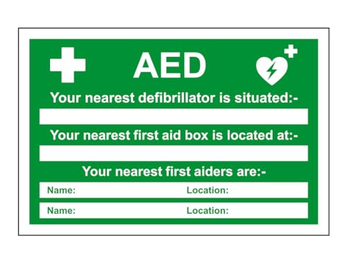 AED Safety sign - Your nearest defibrillator is situated box - emergency sign - High tack self-adhesive sticker (150mm x 100mm) Viewing Distance within 3m.