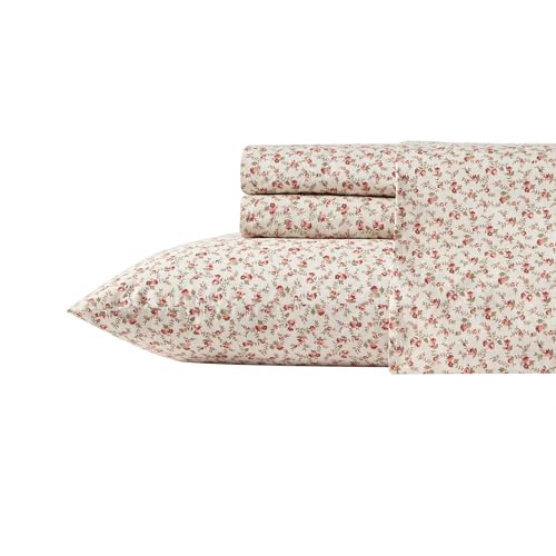 Image of Laura Ashley - Full Size Sheet Set, Crisp & Lightweight Cotton Percale Bedding with Fitted Sheet and Pillowcases, Floral Room Decor, Deep Pocket, College Dorm Room Essentials (Sweet Success Pink)