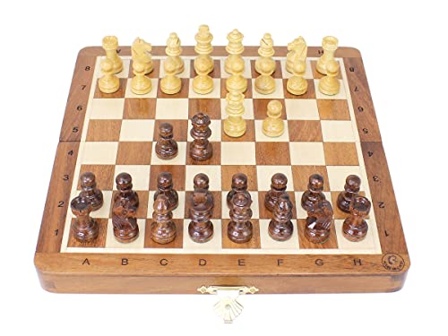 House of Chess - 8 Inch Wooden Magnetic Folding Travel Chess Set - Board with Algebraic Notation + 2 Extra Pawns & 2 Extra Queens- Handmade (Acacia Wood)