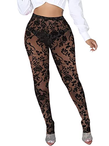 Image of Women's Tie Dye Mesh Legging - High Waist Sheer Pantihose Long Pants Stretchy Tights Clubwear Closed Toe