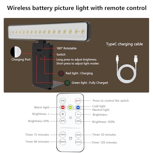 Image of 2Pack Picture Light Battery Operated with Remote, LED Painting Light for Art with 3 Lighting Colors & Dimmable, LED Art Display Accent Light on Wall for Pictures Dartboard Photo Frame Portrait