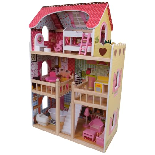 Bandits & Angels Hölzernes Puppenhaus Rosa House of Angels ab 3 Jahren 90 cm hoch – Inklusive 16 Möbelstücken – Mit Sound – Puppenhaus – Puppenspielzeug