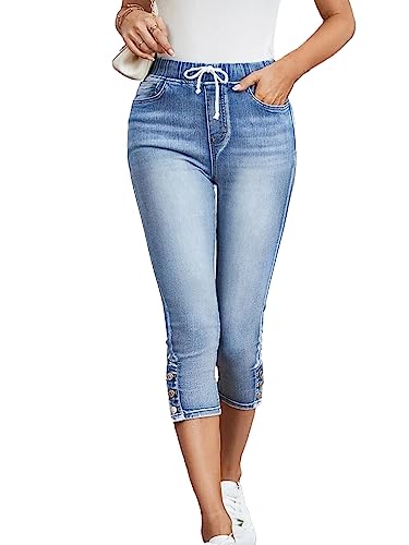 Conshvi Women's High Waisted Capris Jeans Trendy Skinny Stretch Capri Jeans Elastic Waist Drawstring Denim Capris Pants
