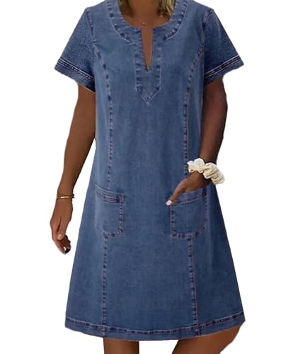 Sexyshine Damen Sommer V-Ausschnitt Jeanskleid Kurzarm Tunika Babydoll Shift Mini Jeanskleid mit Taschen, Dunkelblau, X-Groß