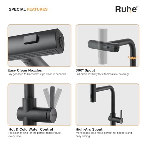 Image of Ruhe Arrow Triple Flow Pull-out Kitchen Mixer Faucet - Matte Black | Sprayer Faucet | Single Lever Tap | 360 Swivel | Hot & Cold Water | Table Mounted Kitchen Sink Tap