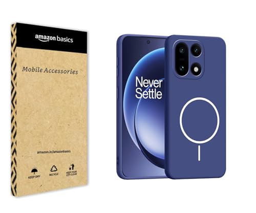 Image of amazon basics Back Cover for OnePlus 15 5G | Ultra Slim Soft Rubberised Case | Magsafe Logo Printed (Not Magsafe Compatible) | Camera Protection - Blue