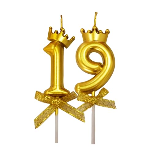 Image of 2 Pc 19 Number Candle for Birthday Cake Metallic Gold Number Candle with Crown on Top for Anniversary Cake Topper 19th Birthday Cake Decoration (Pack of 2, Gold).