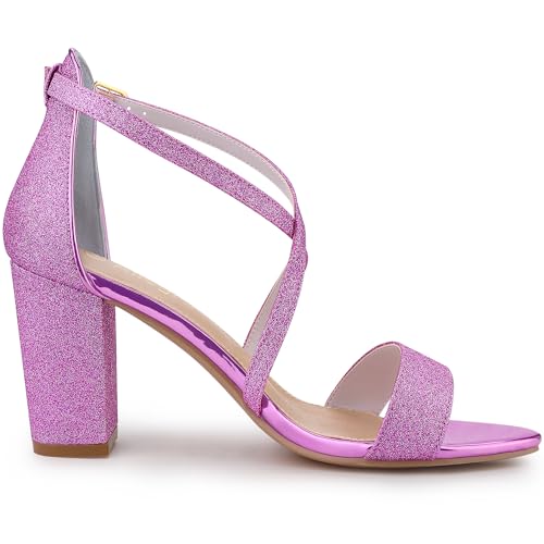 Allegra K Allegra K Women's Glitter Crisscross Strap Block Purple Heels Sandals 7 M US