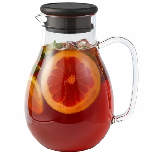 Image of 68oz Glass Pitcher with Lid - Borosilicate Jug for Hot /Cold Drinks, Leak-Proof Silicone Lid, Juice & Iced Tea Serveware for Family Kitchen, Small Fridge, and Daily Hydration (Round)
